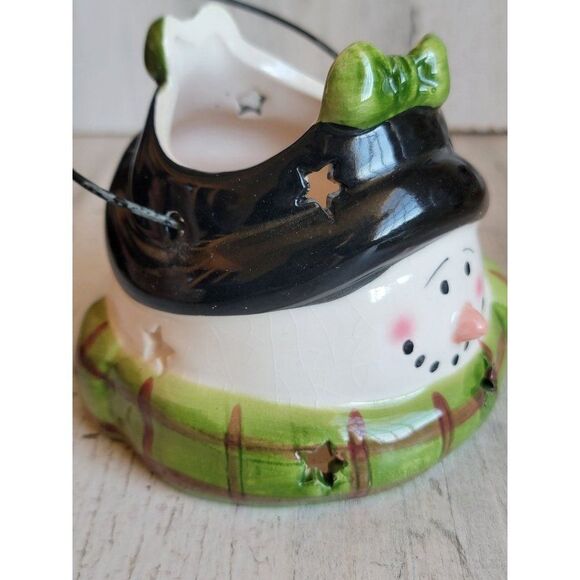 Snowman face tea light candle holder green bow star Xmas figure - Picture 3 of 11